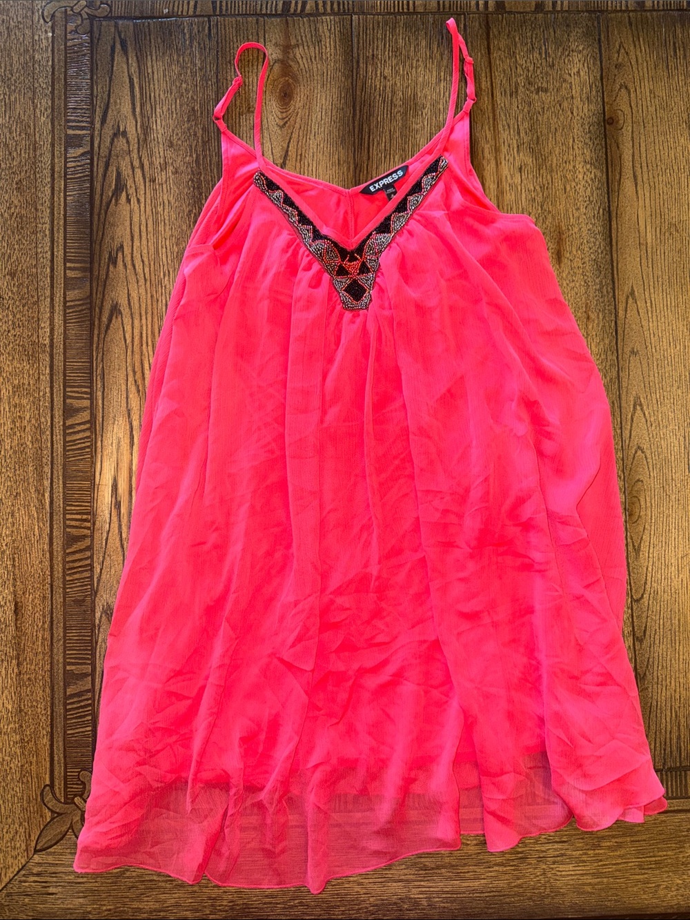 Express Hot Pink Spaghetti-Strap Mini Dress with Embellished Beaded V-Neck